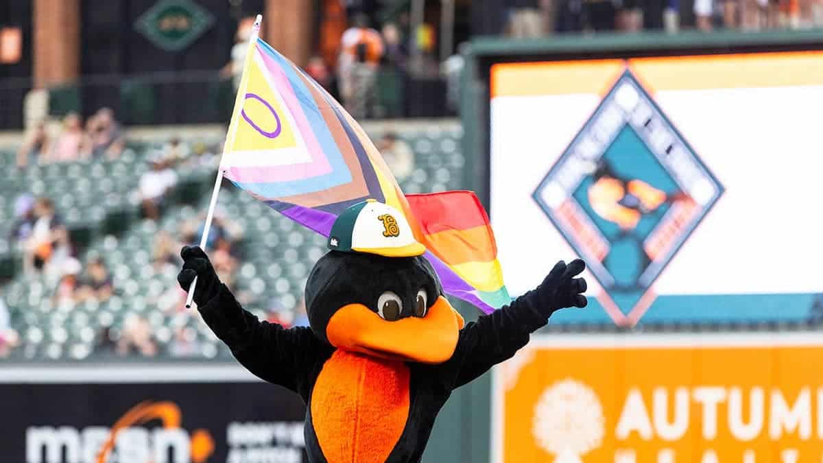Orioles Bird mascot standing on field at Oriole Park at Camden Yards.