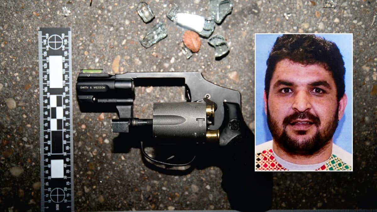 The .357 Smith & Wesson revolver used by suspect Rahmanullah Lakanwal displayed on a white surface