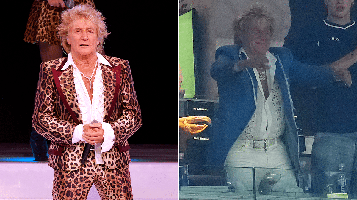 A split of Rod Stewart performing and Rod at the World Cup