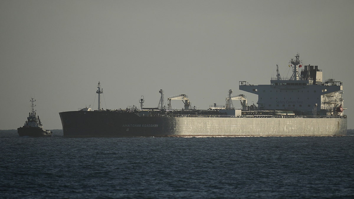 The Russian-flagged oil tanker Anatoly Kolodkin arriving at a port.
