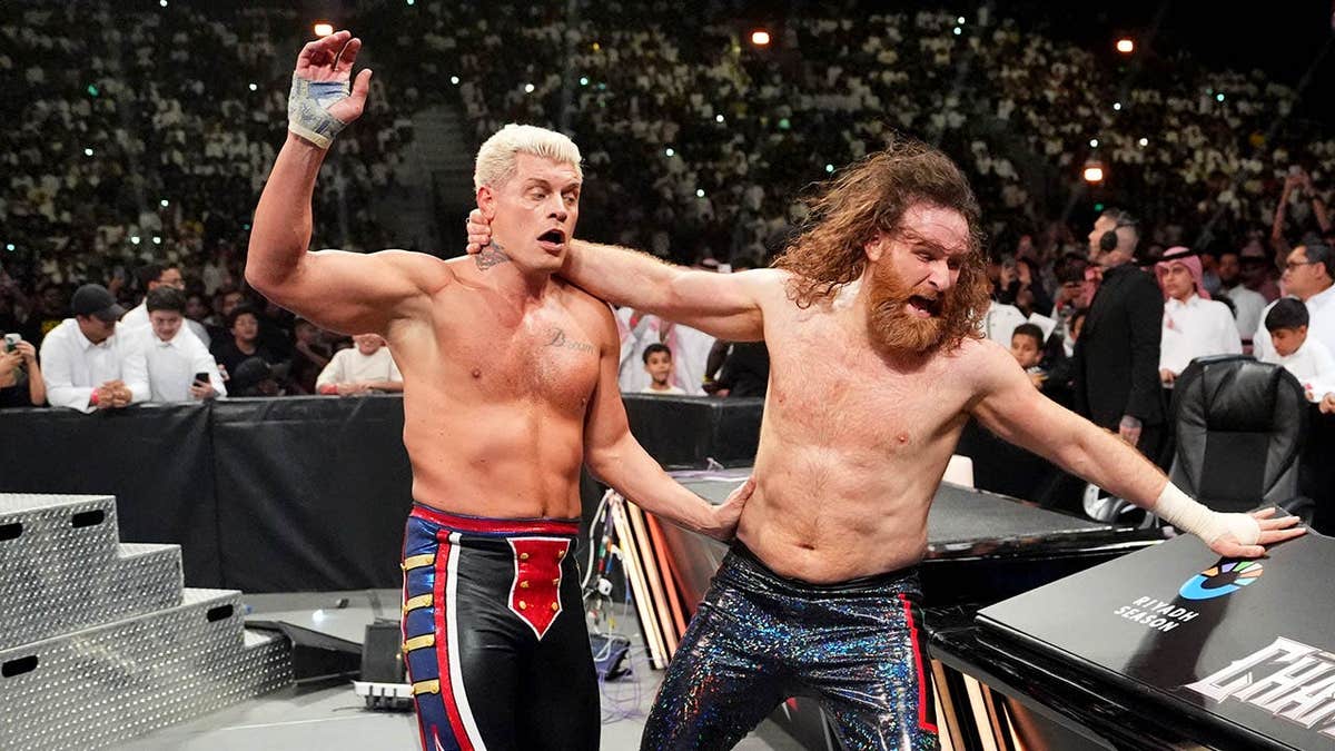 Sami Zayn wrestling Cody Rhodes in Kingdom Arena Riyadh Saudi Arabia