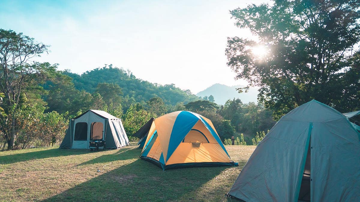 Camping site with three tents and mountain forest campground in the background