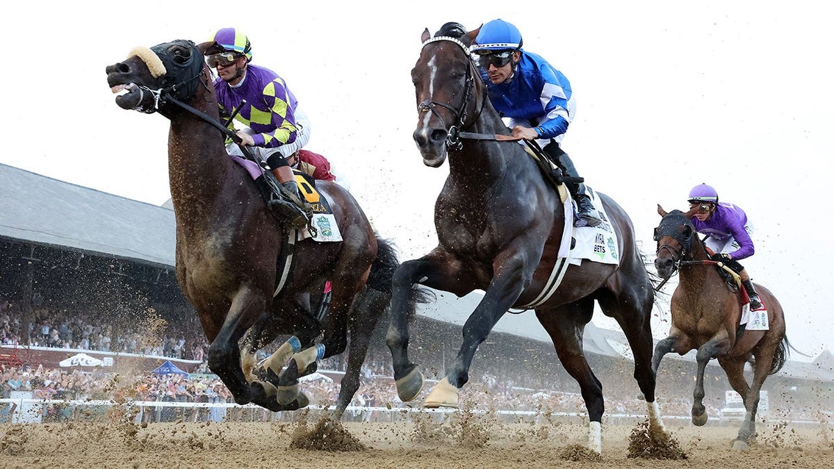 Sovereignty with jockey Junior Alvarado racing at Saratoga Race Course.