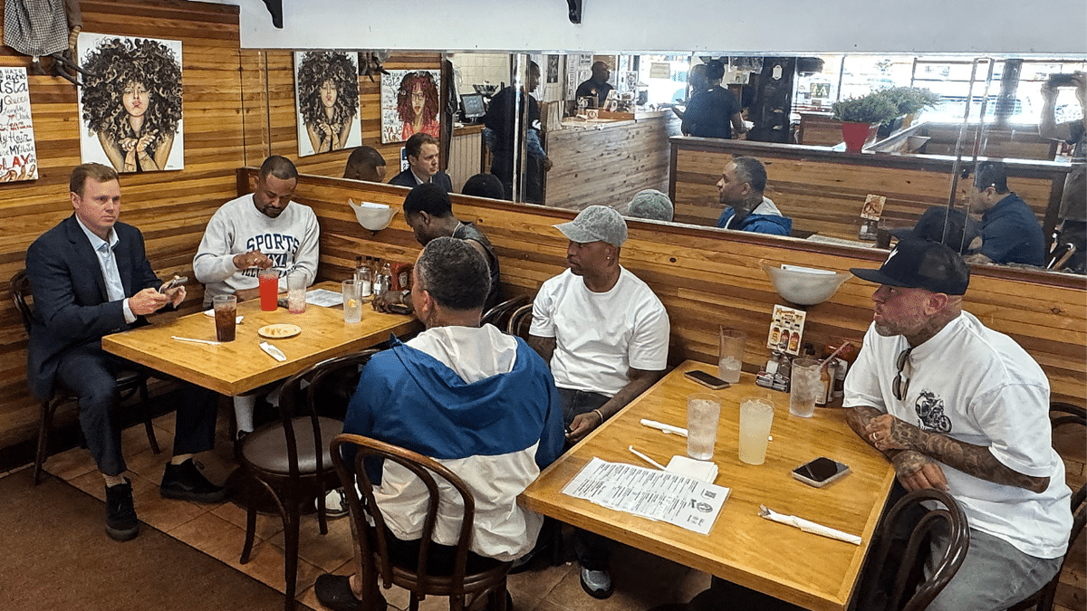 Los Angeles mayoral candidate Spencer Pratt eats at Roscoe's House of Chicken 'N Waffles on Primary Day as voters head to the polls in the city's mayoral election.