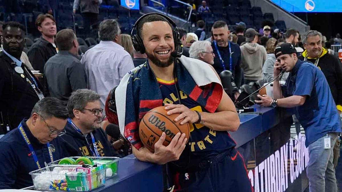 Stephen Curry speaking during an interview after a basketball game in San Francisco