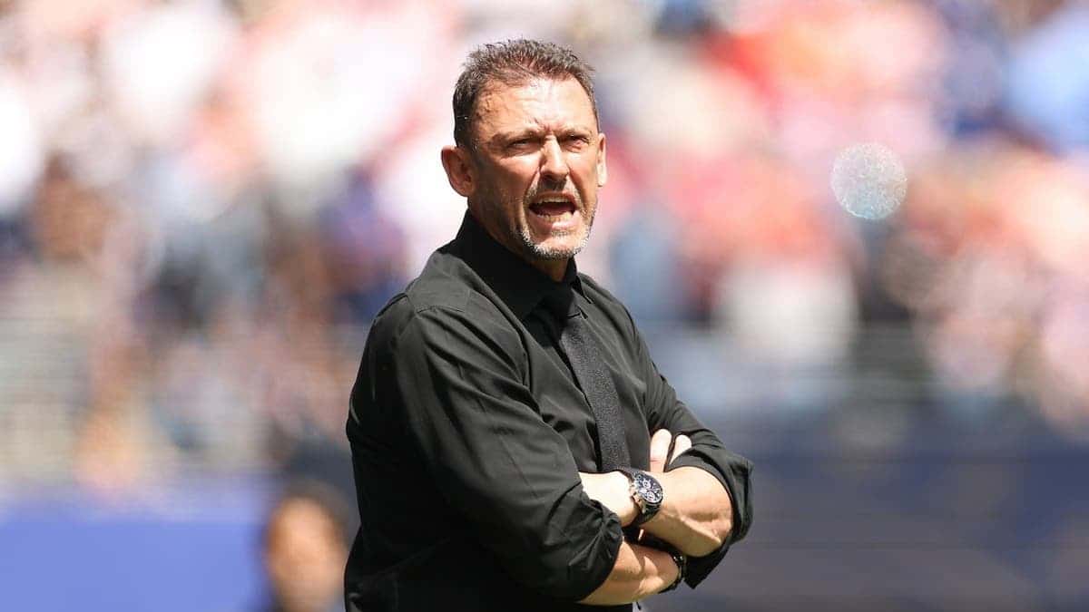 Tony Popovic reacting during FIFA World Cup 2026 Group D match at Seattle Stadium