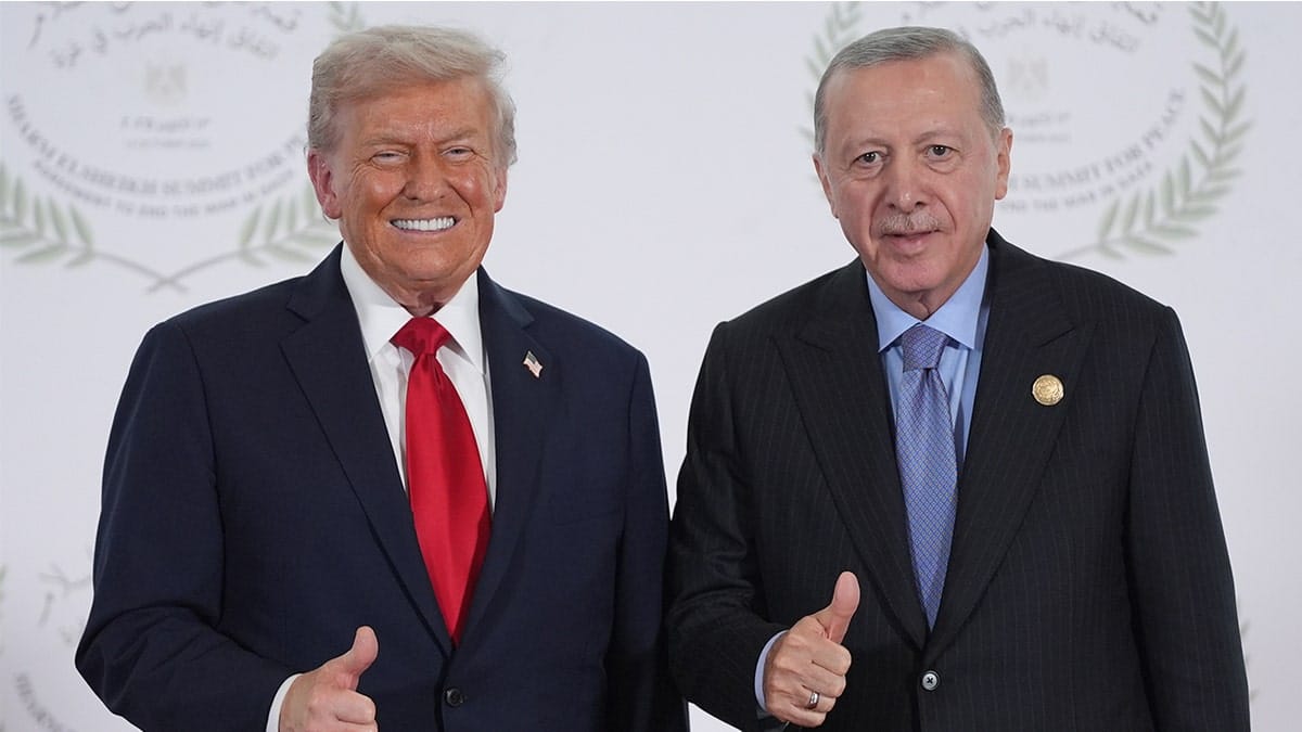 President Donald Trump greeting Turkey's President Recep Tayyip Erdogan at a summit in Sharm El Sheikh Egypt