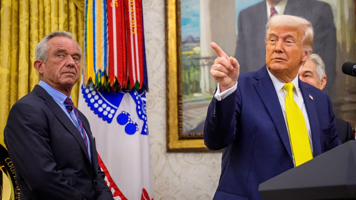 President Donald Trump speaking in the Oval Office with Health and Human Services Secretary Robert F. Kennedy Jr.