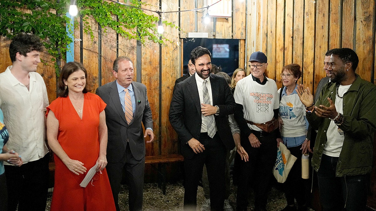 Mamdani and other Democrats at a victory party