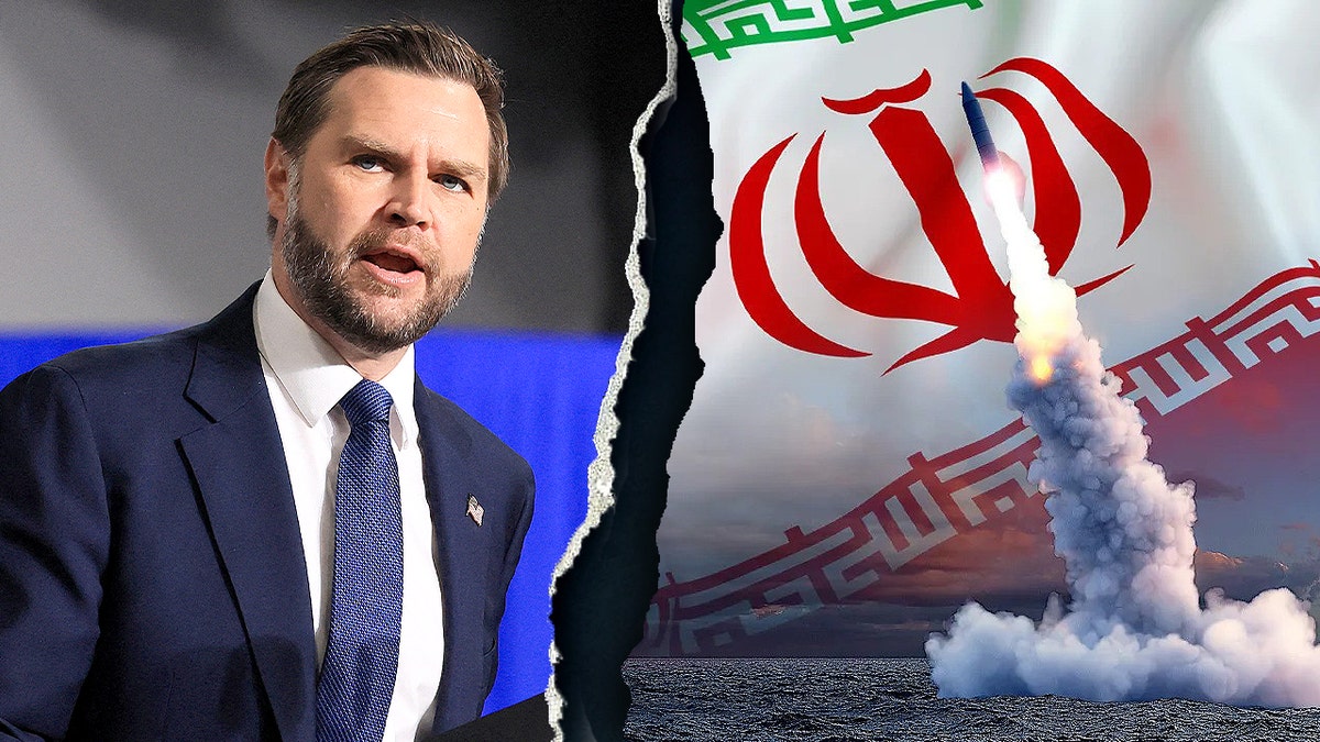 JD Vance next to an image of a missile and the Iranian flag