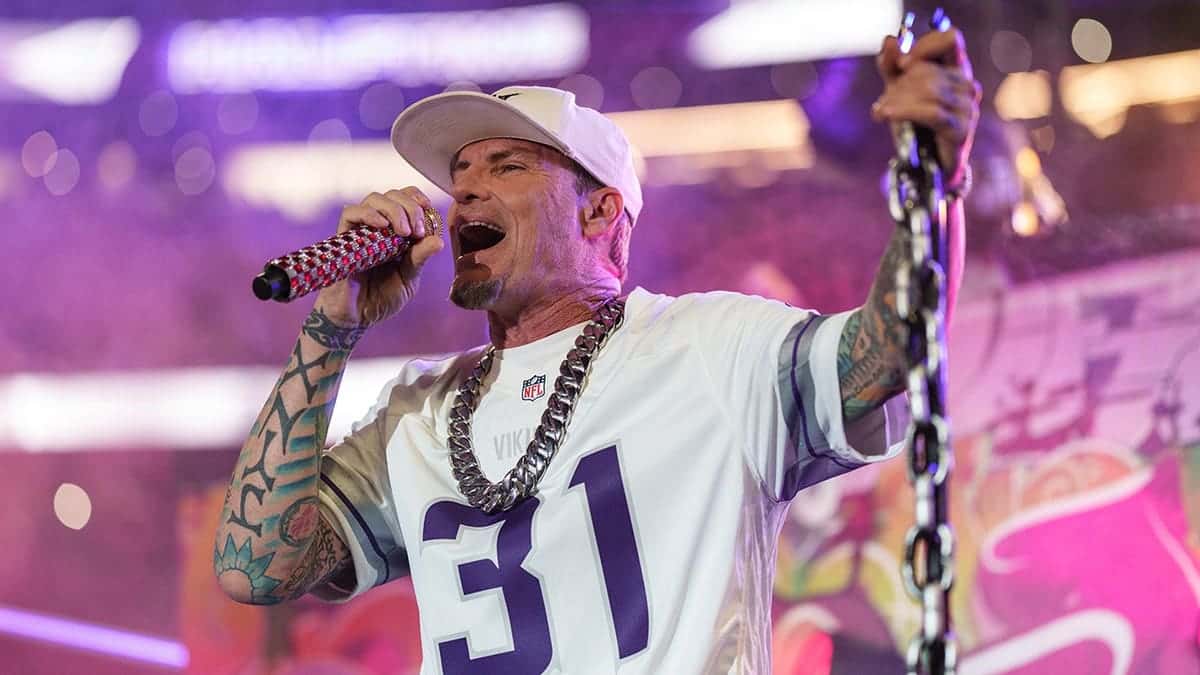 Vanilla Ice performing on stage during halftime at an NFL game in Minnesota in December 2024.