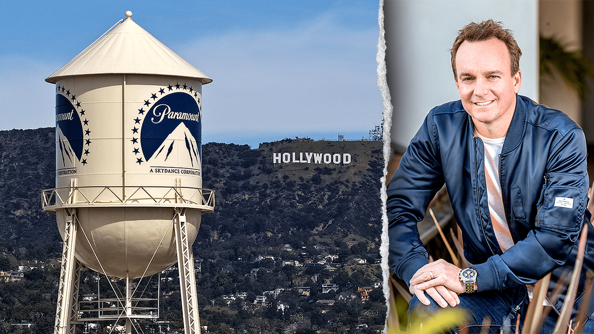 Paramount water tower in Hollywood and producer Chris Fenton headshot.