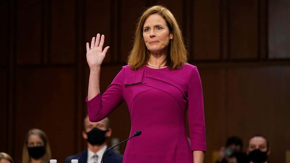 Amy Coney Barrett is sworn in during a confirmation hearing.
