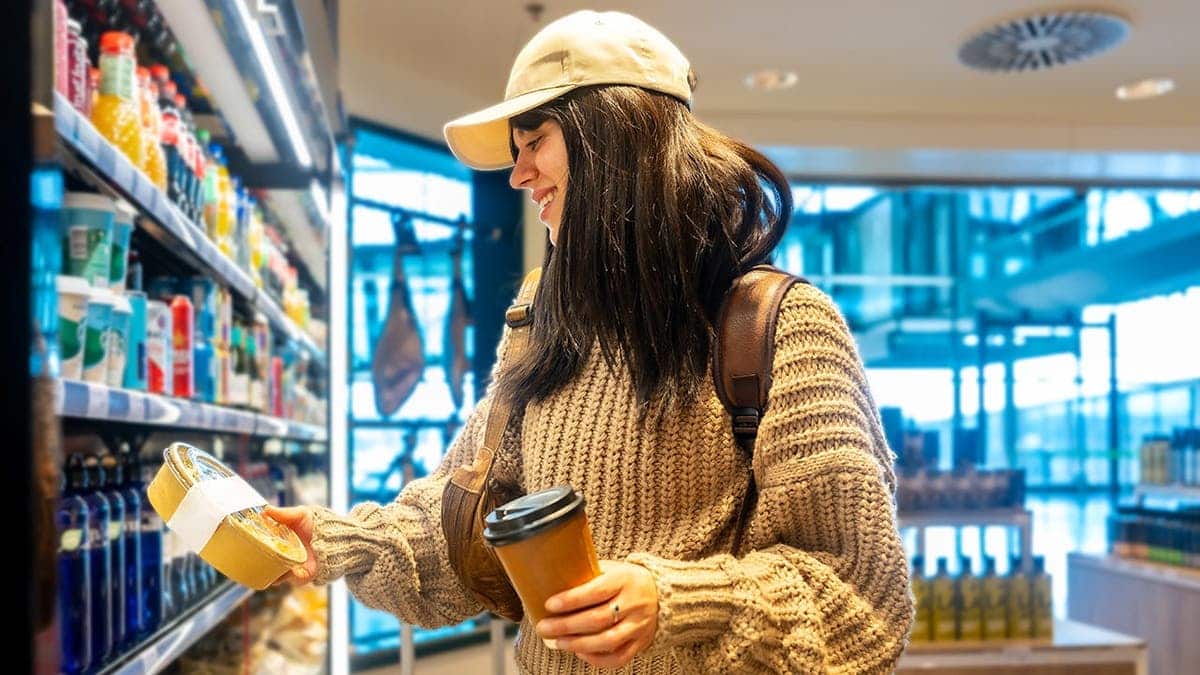 A woman chooses food at an airport shop.