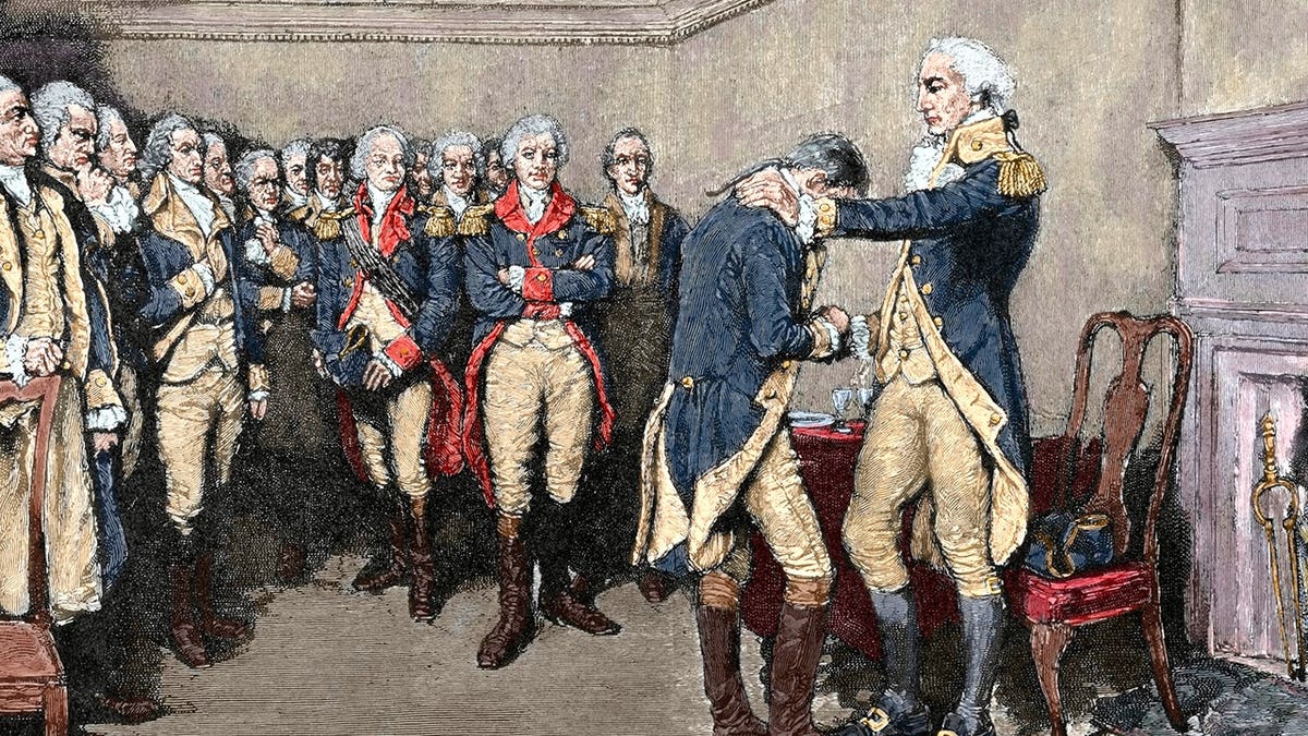 Painting of George Washington saying farewell to soldiers