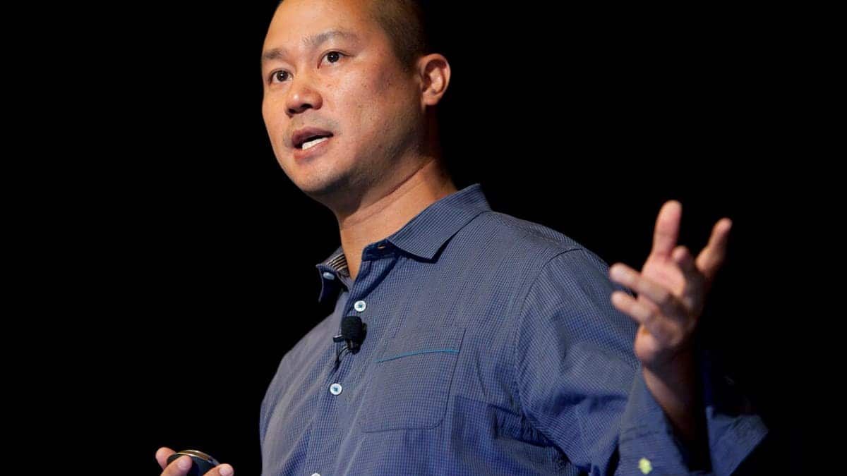 FILE - In this Sept. 30, 2013, file photo, Tony Hsieh speaks during a Grand Rapids Economic Club luncheon in Grand Rapids, Mich. Hsieh, the retired CEO of online shoe retailer Zappos, left no will before he died as a result of injuries sustained during a house fire last month in Connecticut, court documents said Wednesday, Dec. 2, 2020. (Cory Morse/The Grand Rapids Press via AP, File)