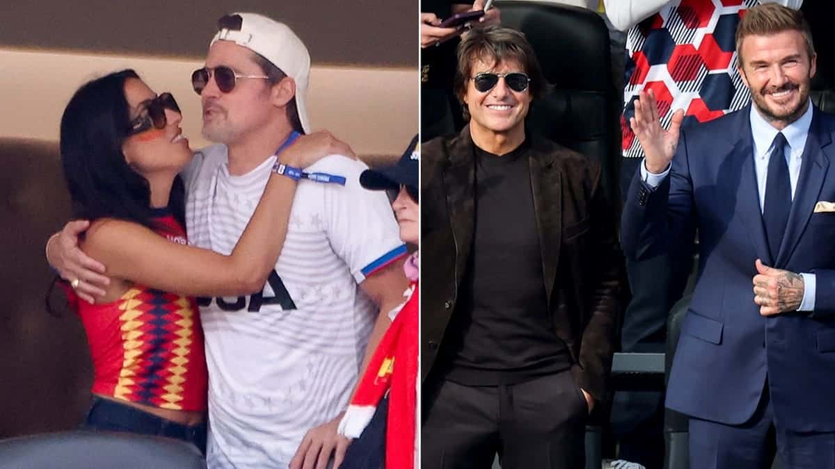 A split image of Brad Pitt with Ines de Ramon and Tom Cruise with David Beckham.