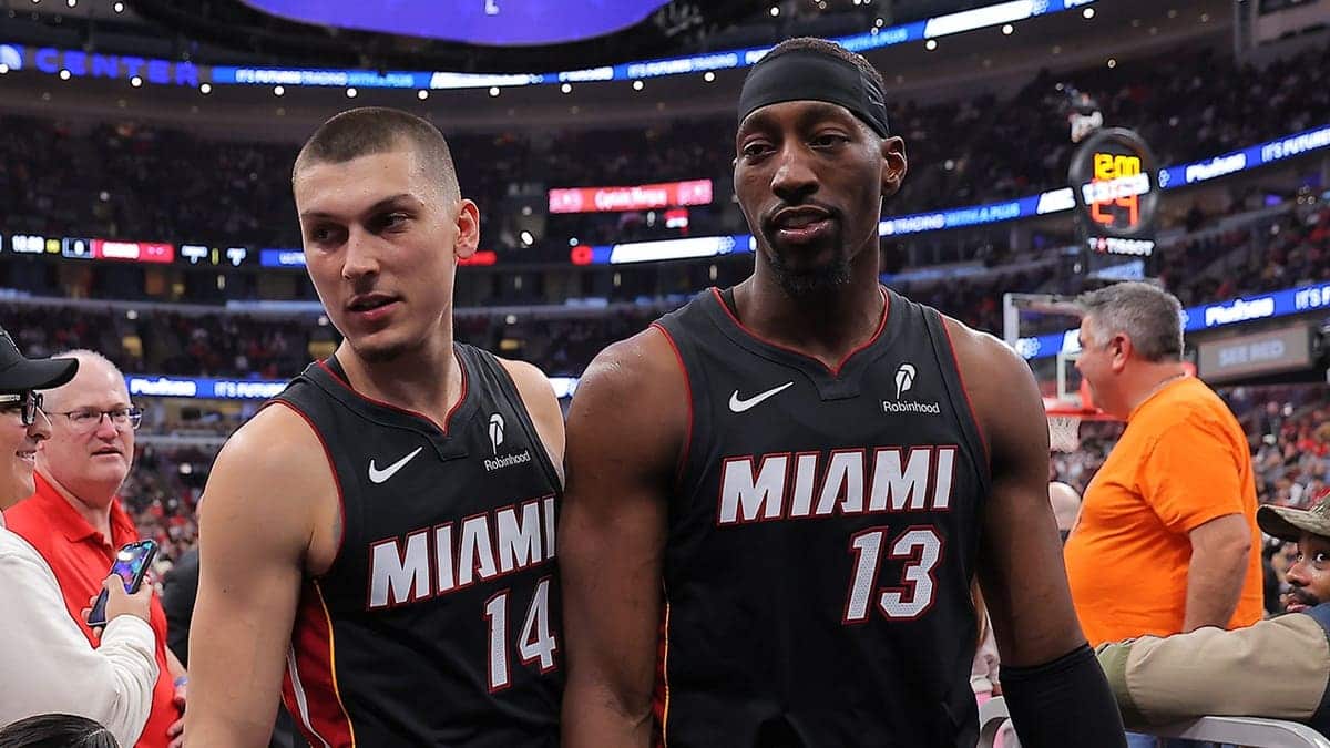 Bam Adebayo and Tyler Herro exit the court at the United Center.