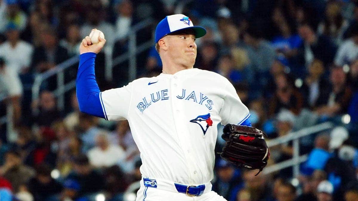 Braydon Fisher pitches during a game at Rogers Centre.