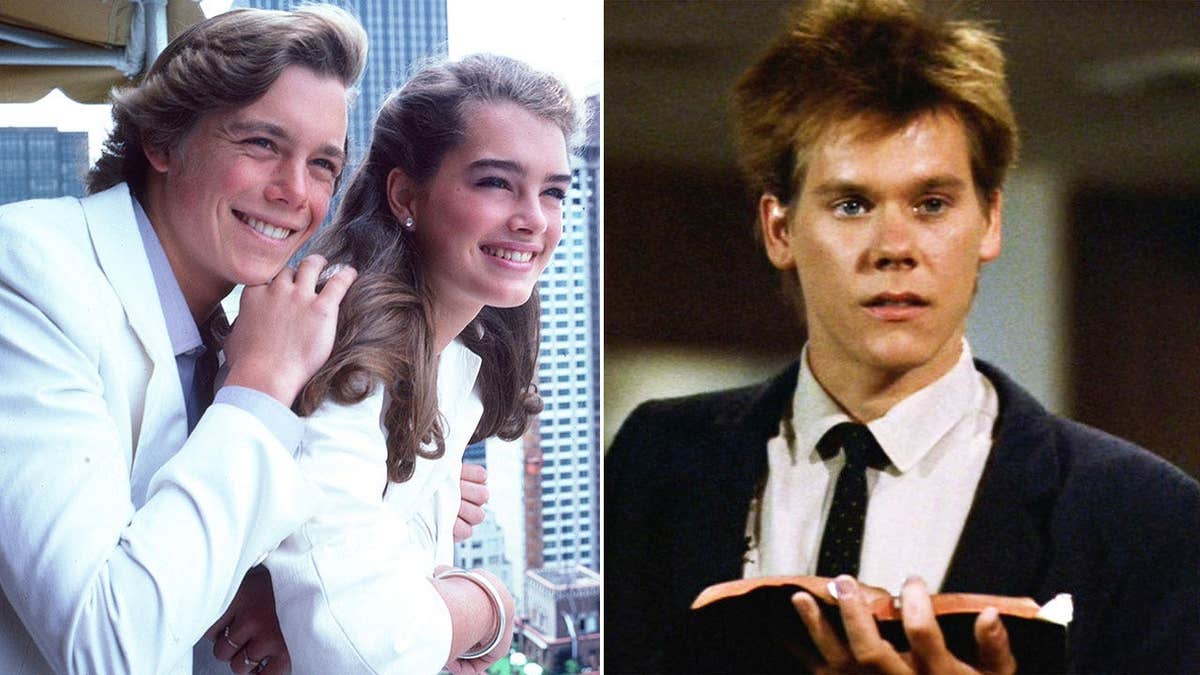 A split side-by-side image of Christopher Atkins, Brooke Shields and Kevin Bacon.