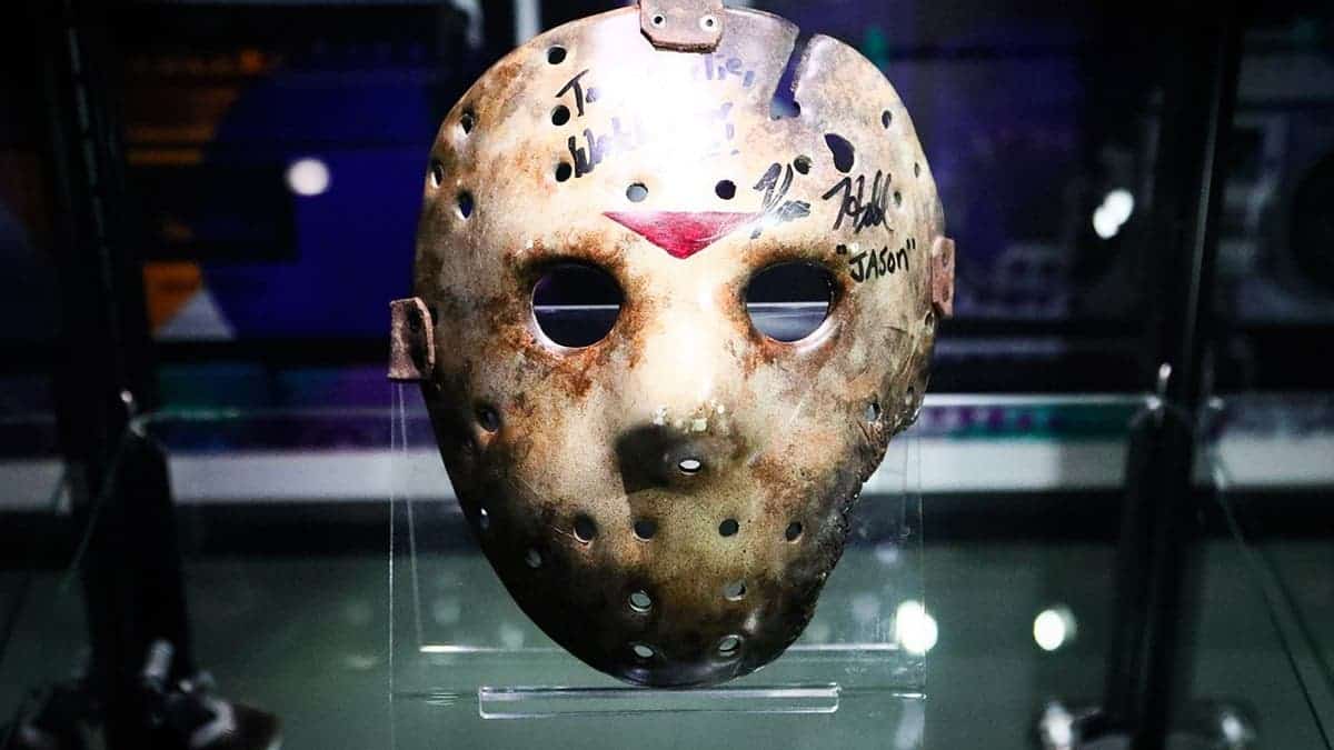 Kane Hodder-autographed Jason Voorhees Hockey Mask est. £25,000 - £50,000 goes on display as part of Propstore's film memorabilia auction on November 25, 2025 in London, England.