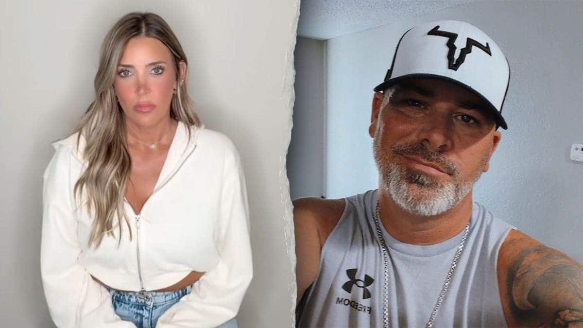 Split image showing a woman with long blonde hair in a white zip-up jacket on the left and a man in a white cap and gray tank top on the right.