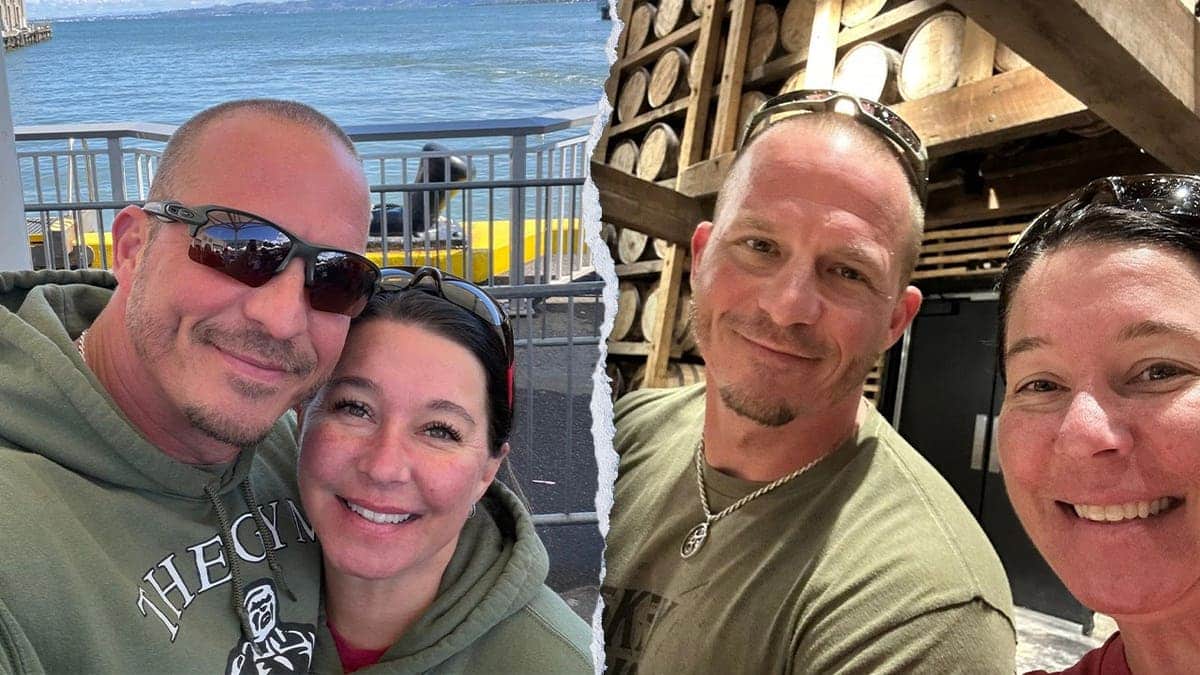 Split image of two selfies showing Justin and Lena Elrod smiling together, one near a waterfront pier and one inside a distillery barrel room.