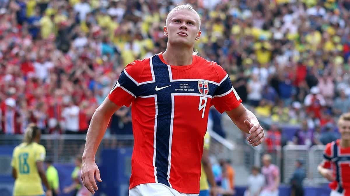Erling Haaland looks up on pitch