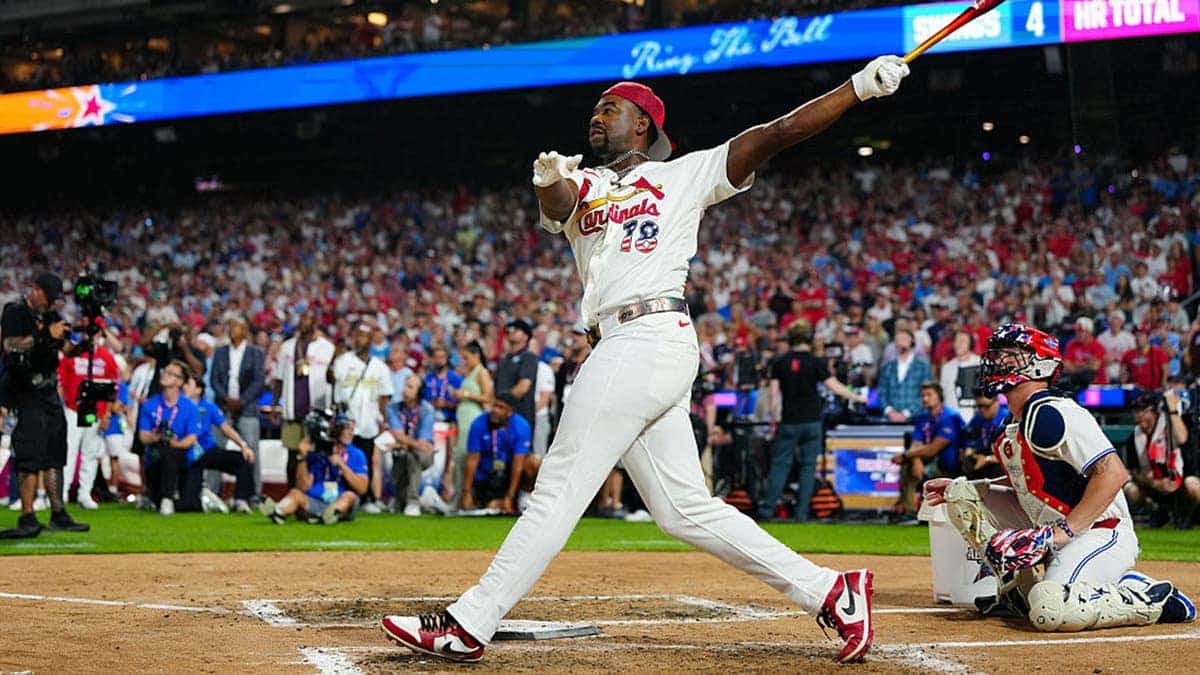 Jordan Walker bats during the Home Run Derby at Citizens Bank Park.