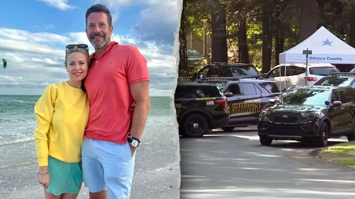 Split image showing Kristopher and Amanda Karolkiewicz standing together on a beach at left, and Ottawa County sheriff's vehicles parked outside a wooded residential home at right.