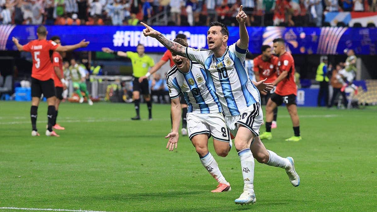 Lionel Messi celebrates after scoring a goal