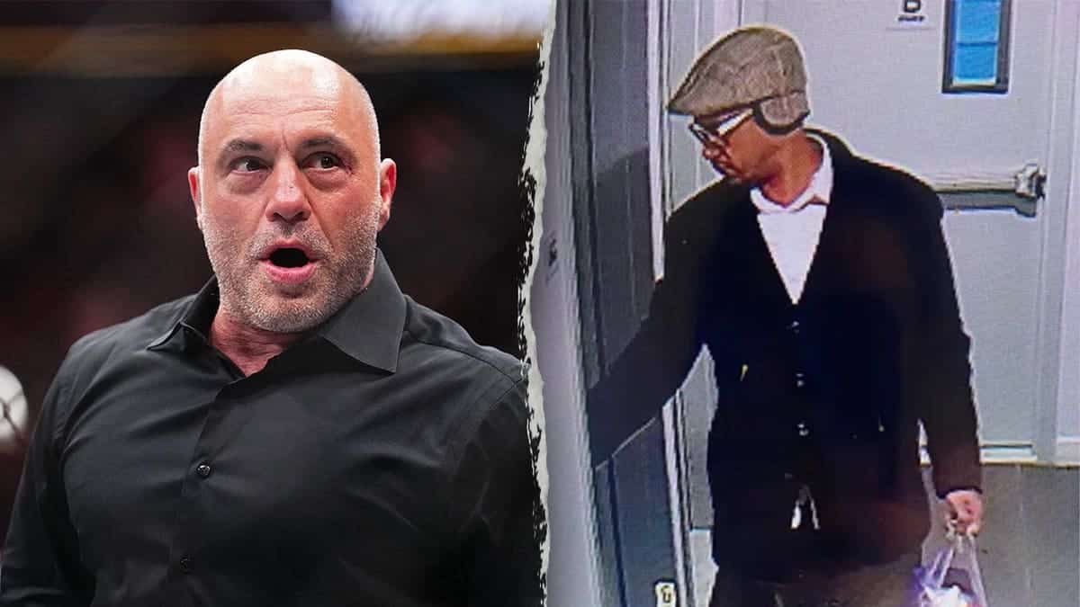 Split image showing Joe Rogan on the left wearing a black button-down shirt with a surprised expression, and Sheldon Johnson on the right in surveillance footage wearing a dark baseball cap and black hooded jacket with white floral print, standing near a doorway.
