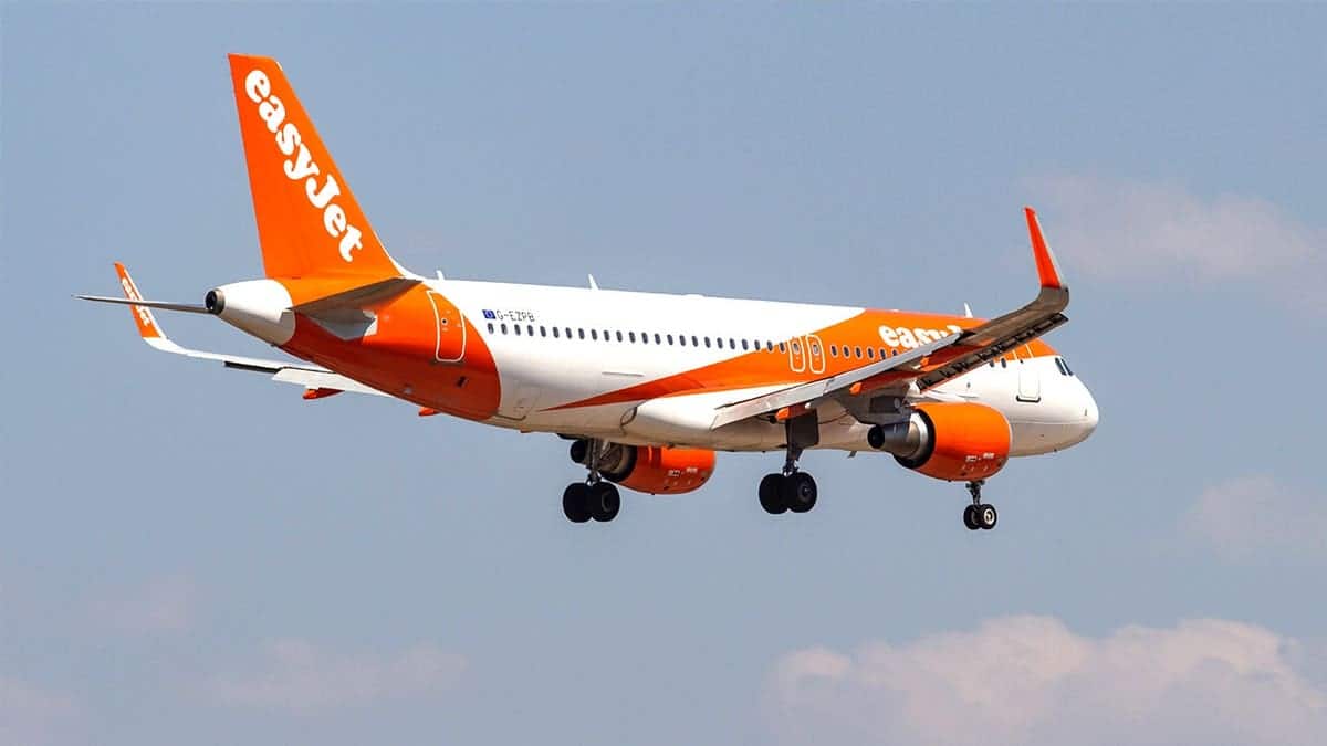 Stock image of orange EasyJet plane in the air