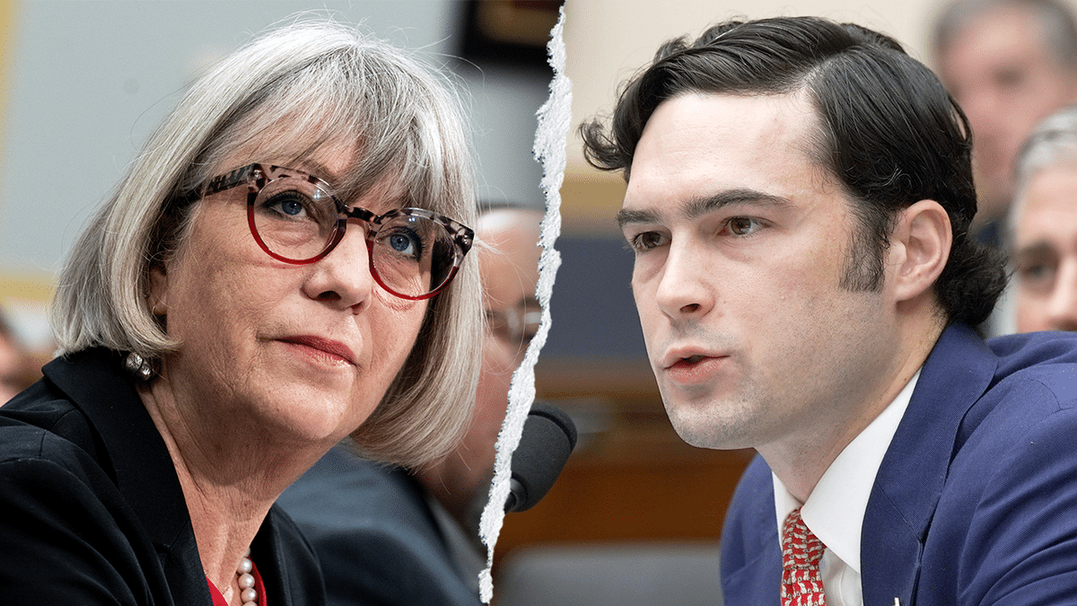 National American History Museum Director Anthea Hartig (left) was confronted by Rep. Brandon Gill (right), R-Texas, over the Smithsonian's alleged extreme political ideology in its displays