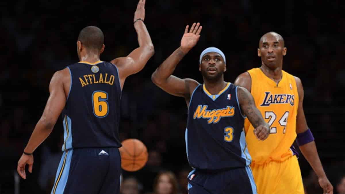 Arron Afflalo and Ty Lawson react beside Kobe Bryant during Game 7 of the 2012 NBA Western Conference quarterfinals.