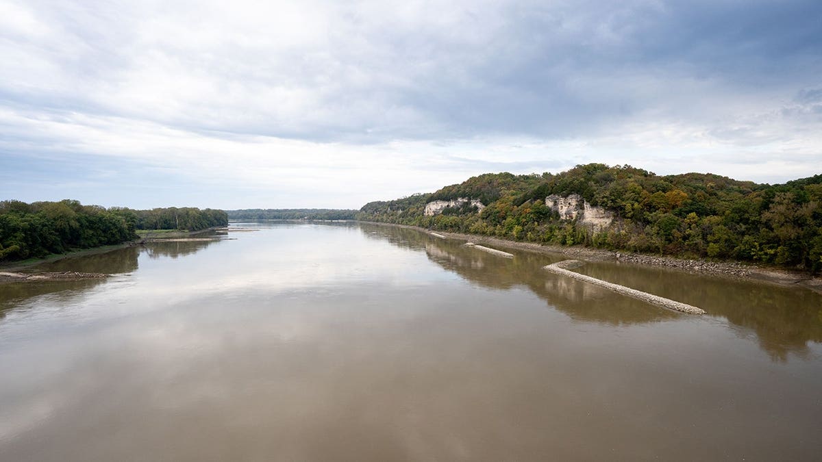 Bluffs of Burlington Limestone rise along the Missouri River near Columbia, Missouri.