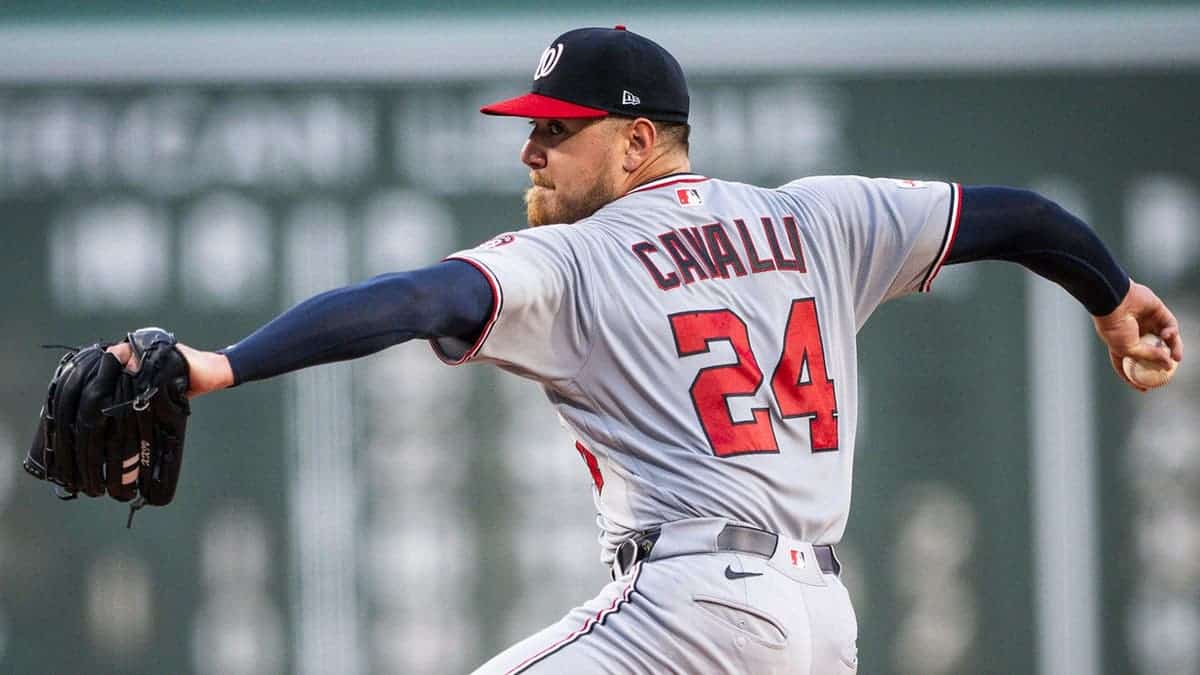 Cade Cavalli, Washington Nationals pitcher, throws a pitch in the first inning at Fenway Park.