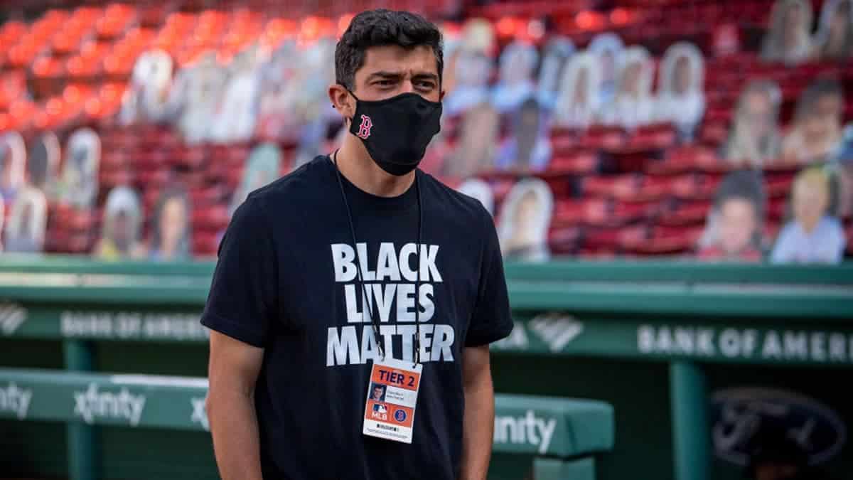 Chaim Bloom wears a Black Lives Matter shirt before a game at Fenway Park.