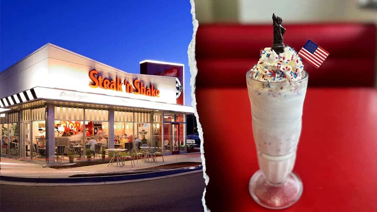 A Steak 'n Shake is restaurant is shown, left, next to its Patriotic Shake.