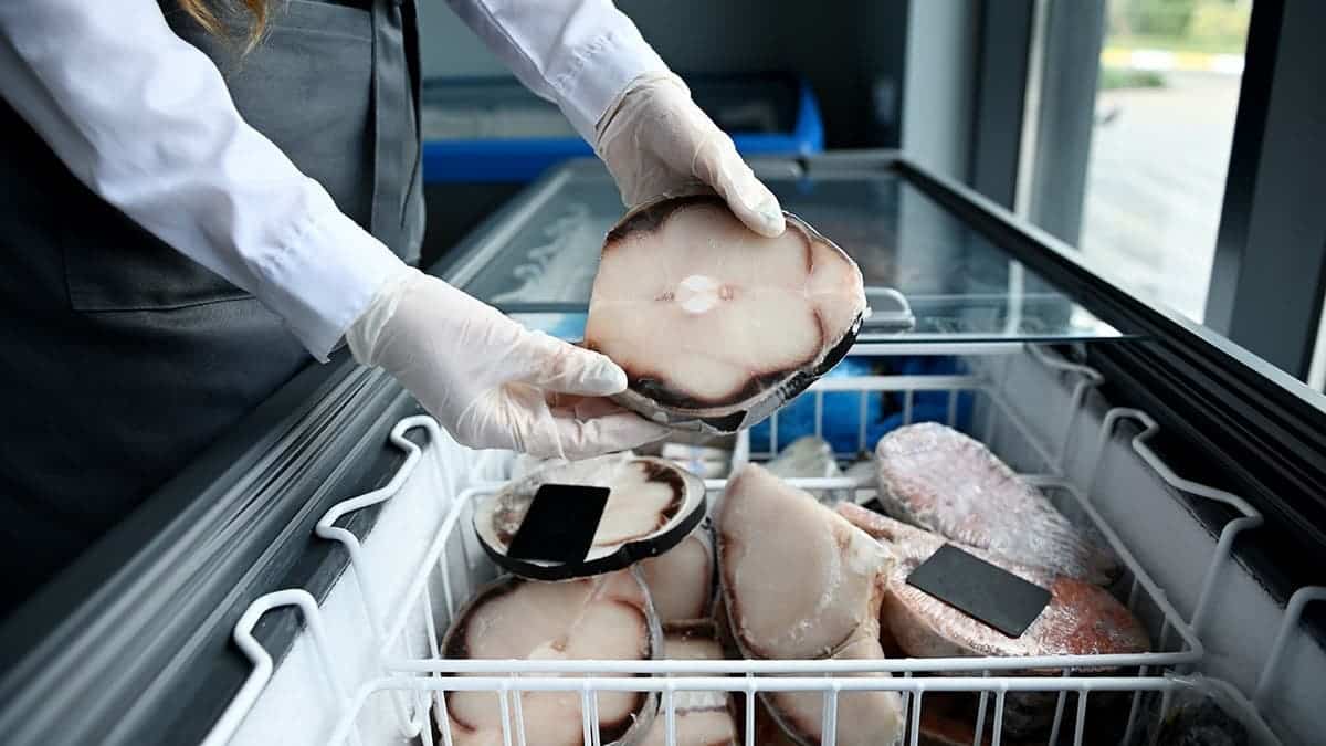 A man holds a frozen shark steak above a freezer.