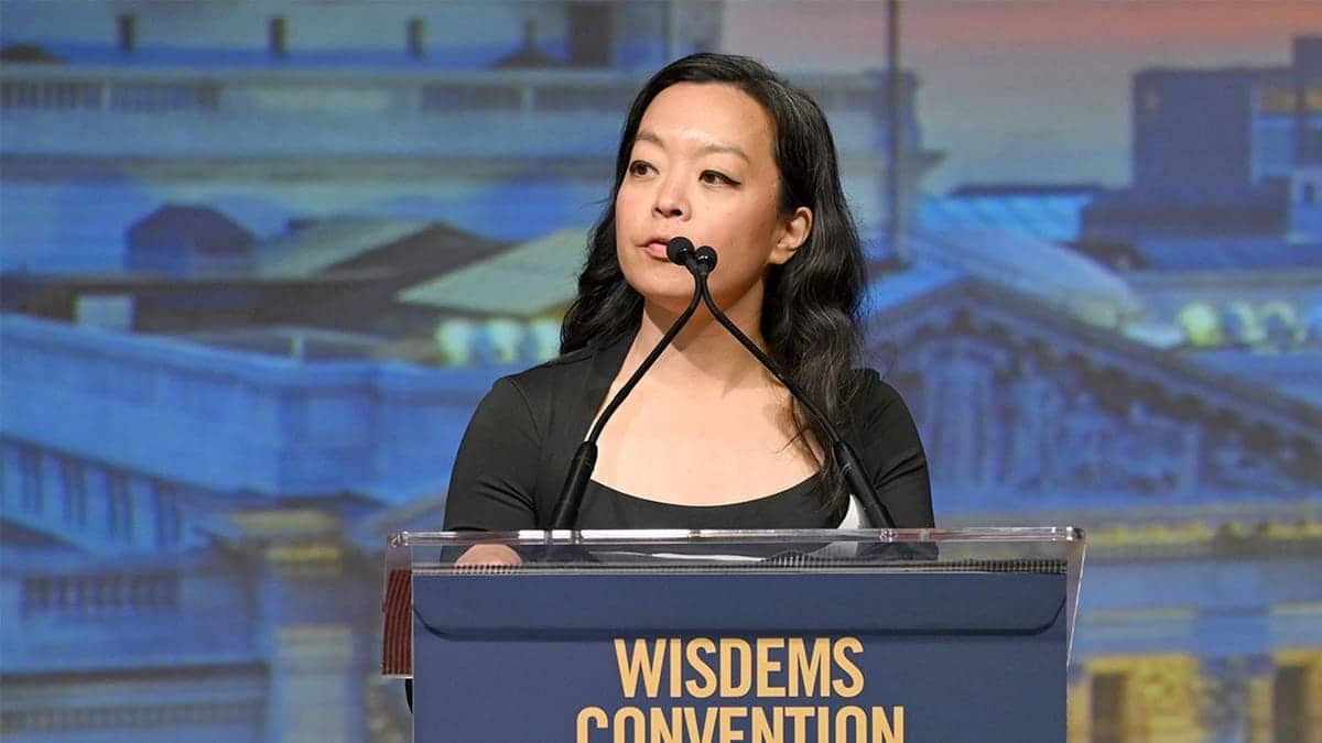 Francesca Hong speaks on stage at the Wisconsin Democrats 2026 Convention.