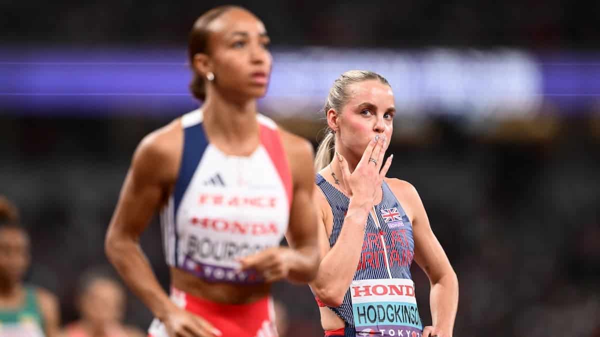 Keely Hodgkinson reacts after competing in the women's 800 meters semifinals.