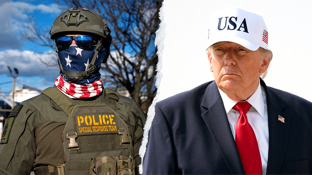 Donald Trump across from a masked ICE agent