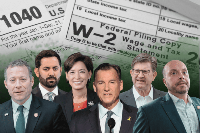From left: House SALT Caucus members Josh Gottheimer (D-NJ), Mike Lawler (R-NY), Young Kim (R-CA), Tom Suozzi (D-NY), Brad Schneider (D-IL), and Andrew Garbarino (D-NY).