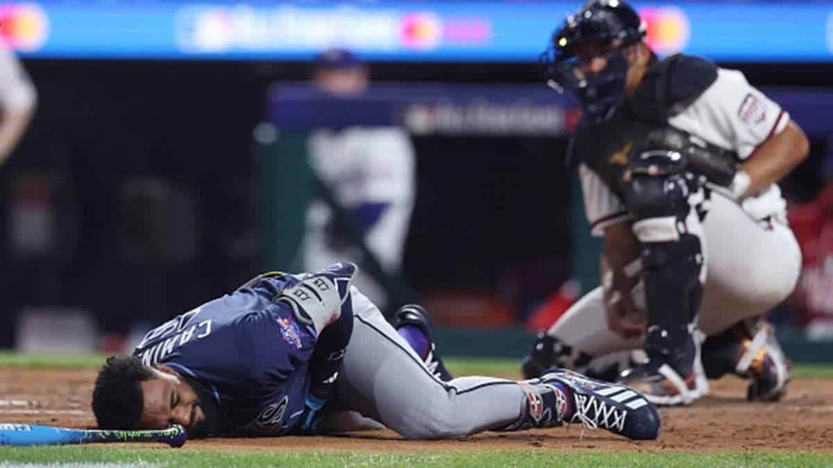 Junior Caminero is hit by a pitch at Citizens Bank Park.