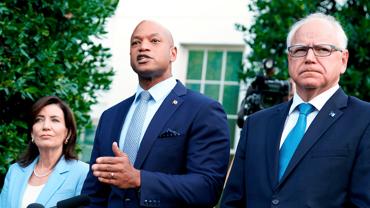 Kathy Hochul, Wes Moore and Tim Walz speaking outside the White House