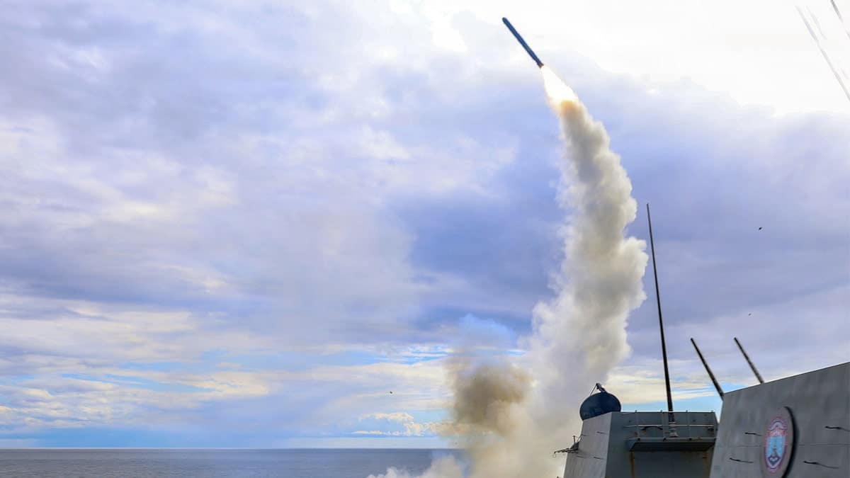 An Arleigh Burke-class guided-missile destroyer USS Thomas Hudner (DDG 116) fires a Tomahawk land attack missile in support of Operation Epic Fury, on March 1, 2026.