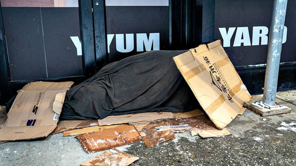 person laying on flattened cardboard under black blanket on a sidewalk