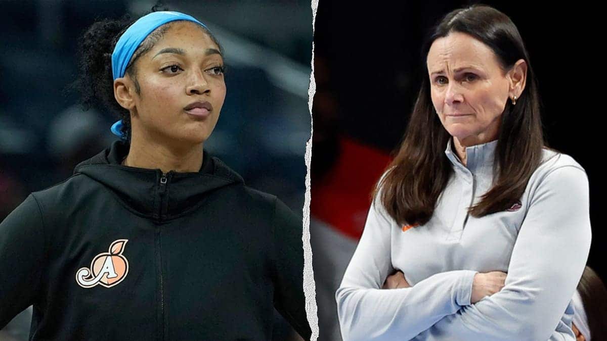 Angel Reese in an Atlanta Dream jacket appears next to Sandy Brondello standing courtside with her arms crossed in a split image.
