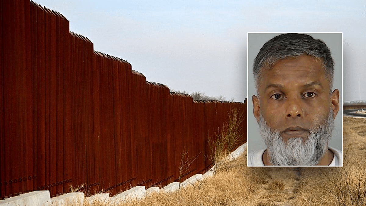 Composite image showing a tall steel U.S.-Mexico border wall with an inset booking photo of a gray-haired man with a full gray-and-white beard wearing a white shirt.